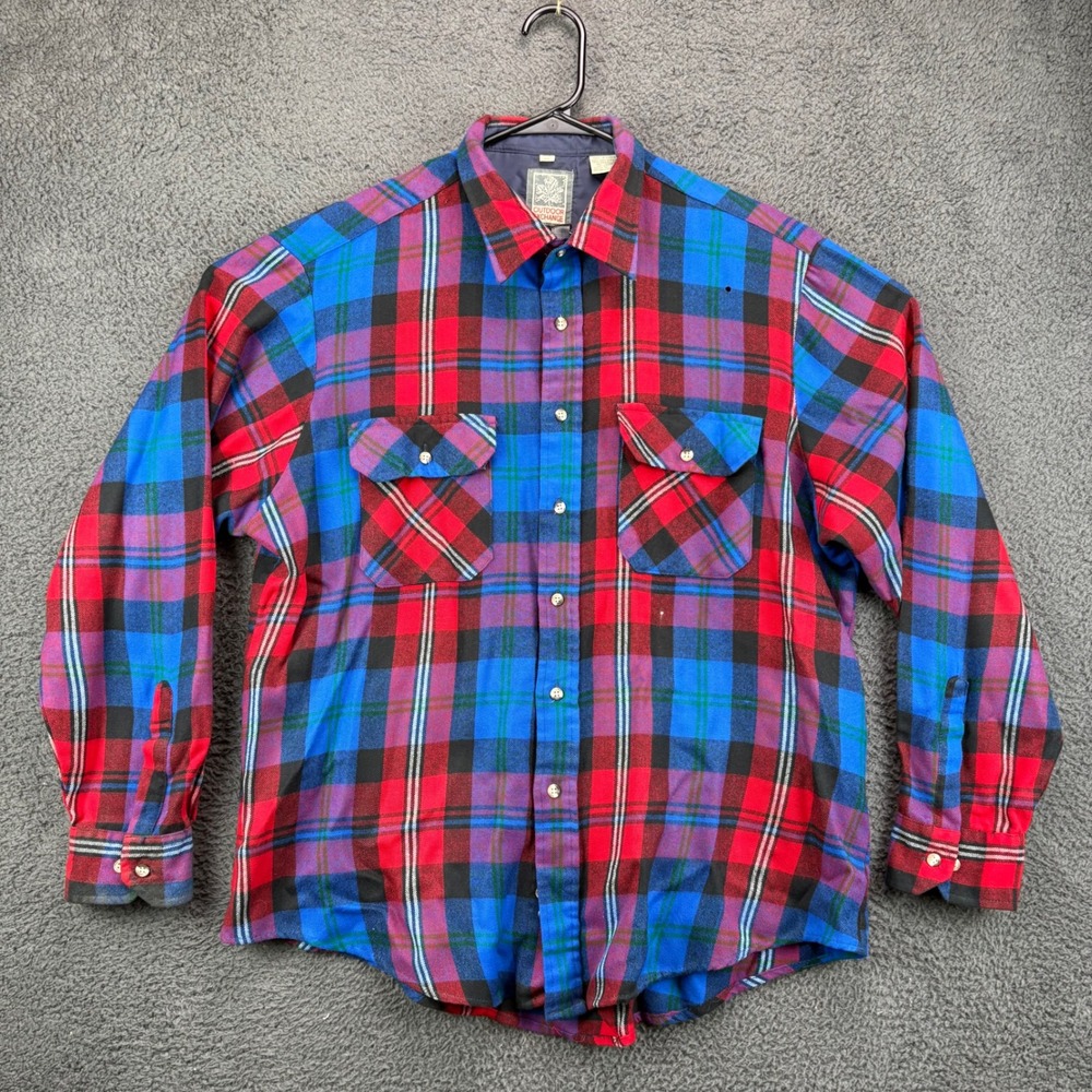 Vtg Outdoor Exchange Mens XL Plaid Flannel Shirt Red Blue Black Acrylic 35-0410‎